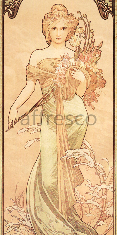 3155 | Modern | woman with flowers Alphonse Mucha | Affresco Factory